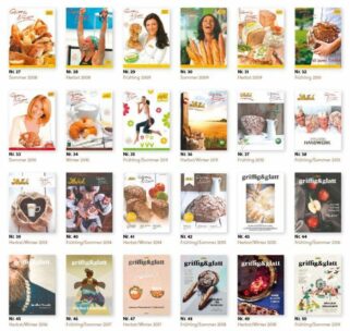 Ein Raster von 25 deutschen Zeitschriftencovern, die meist Brot, Backwaren oder Menschen mit Brot in der Hand zeigen, mit verschiedenen saisonalen Themen von 2008 bis 2019. Jedes Cover ist nummeriert und mit Jahreszeit und Jahr beschriftet.