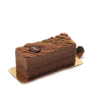 Ein rechteckiges Stück Schokoladenkuchen mit strukturiertem Schokoladenguss, gekrönt mit kleinen grünen Streuseln, auf einem goldfarbenen Tablett vor weißem Hintergrund.