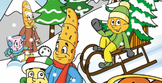 Cartoon-Figuren in Form von Knabbergebäck genießen eine verschneite Winterszene; eine fährt auf einem Schlitten, andere gehen mit Schals und Mützen spazieren, während im Hintergrund Schnee fällt und Tannenbäume und Berge zu sehen sind.