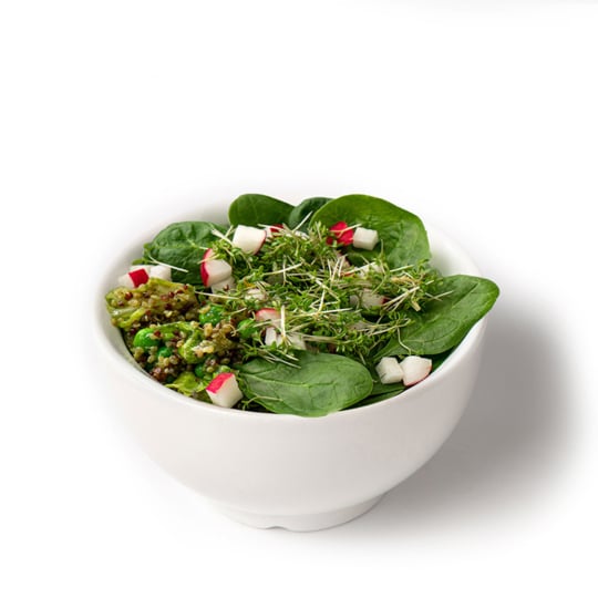 Eine weiße Schale mit frischem Blattspinat, gewürfelten Radieschen, Quinoa und Sprossen, ordentlich auf einem weißen Hintergrund angeordnet.