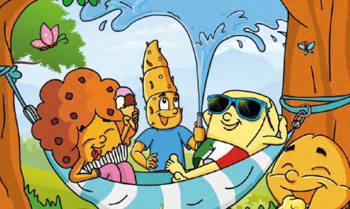 Vier Cartoon-Käsefiguren entspannen sich in einer Hängematte zwischen Bäumen. Eine spritzt Wasser, eine trägt eine Sonnenbrille und hält eine italienische Flagge, eine andere isst ein Eis, und die vierte lächelt. Ein Schmetterling und eine Libelle fliegen in der Nähe.