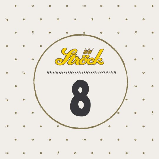 Ein beiger Hintergrund mit kleinen verstreuten Symbolen umgibt einen goldumrandeten Kreis. Im Inneren erscheint das gelbe "Ströck"-Logo über einer großen schwarzen Zahl 8.