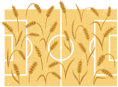 Die Illustration eines Fußballfeldes mit hohen, goldenen Weizenhalmen, die über das Spielfeld wachsen, vermischt Elemente der Landwirtschaft und des Sports.