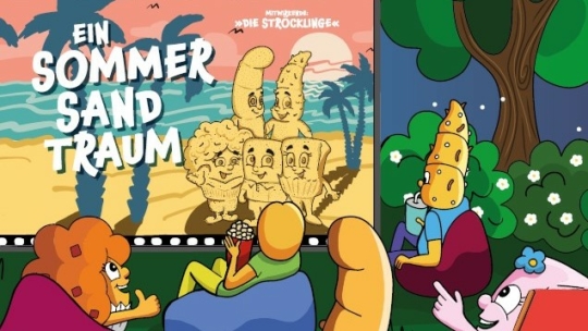 Zeichentrickfiguren sehen sich einen Strandfilm mit dem Titel Ein Sommer Sand Traum an. Auf der Leinwand sind Sandfiguren zu sehen, während das Publikum in bunten Stühlen sitzt und Snacks zu sich nimmt. Palmen und Wellen schmücken die Filmszene.