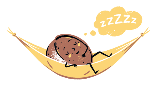 Eine niedliche braune Kartoffel mit einem lächelnden Gesicht schläft in einer gelben Hängematte, und eine Gedankenblase über ihr zeigt an, dass sie träumt.