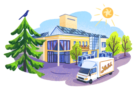 Ein sonniger Tag vor einem modernen Gebäude mit Sonnenkollektoren und "Snacks!"-Schildern. Ein LKW mit der Aufschrift "Snacks!" ist davor geparkt, umgeben von Bäumen, und ein Vogel sitzt auf einer hohen Kiefer.