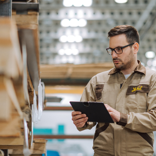 Ein Mann im Arbeitsoverall und mit Brille prüft gestapelte Holzbretter in einem Lagerhaus, während er ein Tablet benutzt. Im Hintergrund sind helle Lichter und eine hohe Decke zu sehen.