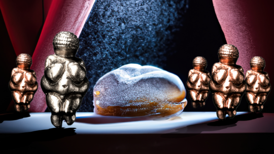 Mehrere kleine Figuren, die der Venus von Willendorf ähneln, umgeben ein glasiertes Gebäck auf einem bühnenartigen Podest, wobei rote Vorhänge die Szene einrahmen und eine dramatische Beleuchtung das Gebäck hervorhebt.