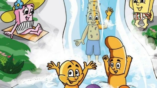 Cartoon-Nudelfiguren spielen in einem Wasserpark. Zwei schwimmen in einem Pool, einer steht hinter einem Wasserfall, und ein anderer liegt mit einem Sonnenhut auf einem Handtuch. Die Szene ist hell und fröhlich.