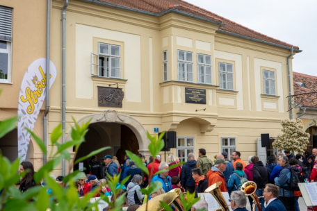 Eine Menschenmenge versammelt sich vor einem historischen gelben Gebäude mit weiß umrandeten Fenstern. Im Vordergrund spielen Musiker auf Instrumenten, und auf der linken Seite hängt ein Schild mit der Aufschrift Fried. Am unteren Rand des Bildes sind grüne Blätter zu sehen.