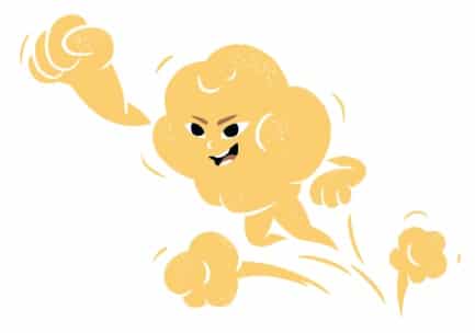 Ein Cartoon-Popcornkern mit einem lächelnden Gesicht und Armen und Beinen springt in einer Superheldenpose nach vorne, wobei eine Faust erhoben ist und Bewegungslinien die Bewegung zeigen.