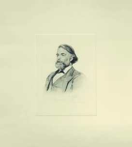 Eine gerahmte Schwarz-Weiß-Skizze eines älteren Mannes mit Bart, der einen Anzug und eine Fliege trägt, ist an einer schlichten, hellen Wand angebracht.