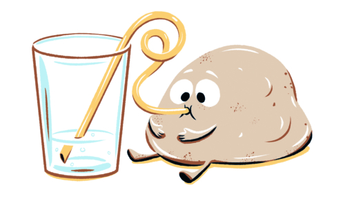 Eine Cartoon-Kartoffel mit Armen und Beinen sitzt und schlürft Wasser aus einem Glas durch einen krausen Strohhalm. Die Kartoffel hat einen zufriedenen Ausdruck im Gesicht.