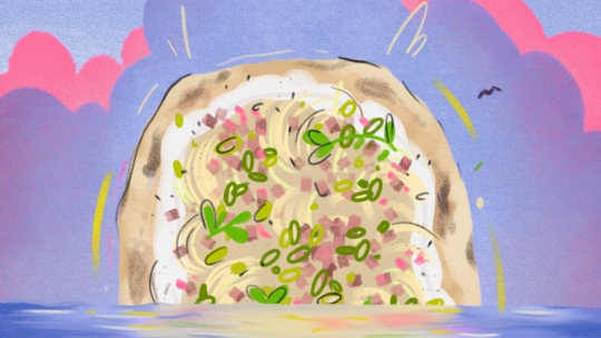 Eine stilisierte Illustration eines mit grünen Kräutern und Gemüsewürfeln belegten Fladenbrots vor einem pastellfarbenen Himmel mit rosa Wolken und einem kleinen Vogel, der im Hintergrund fliegt.