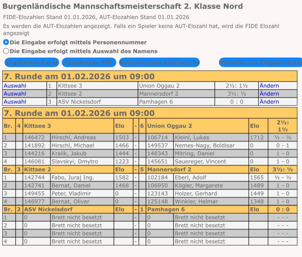 Screenshot eines Schachturnier-Rundtisches mit Partien für die Burgenländische Mannschaftsmeisterschaft 2. Klasse Nord am 1. Februar 2026, mit Spielernamen, ELO-Ratings, Mannschaften und Optionen zum Bearbeiten oder Anzeigen der Ergebnisse.