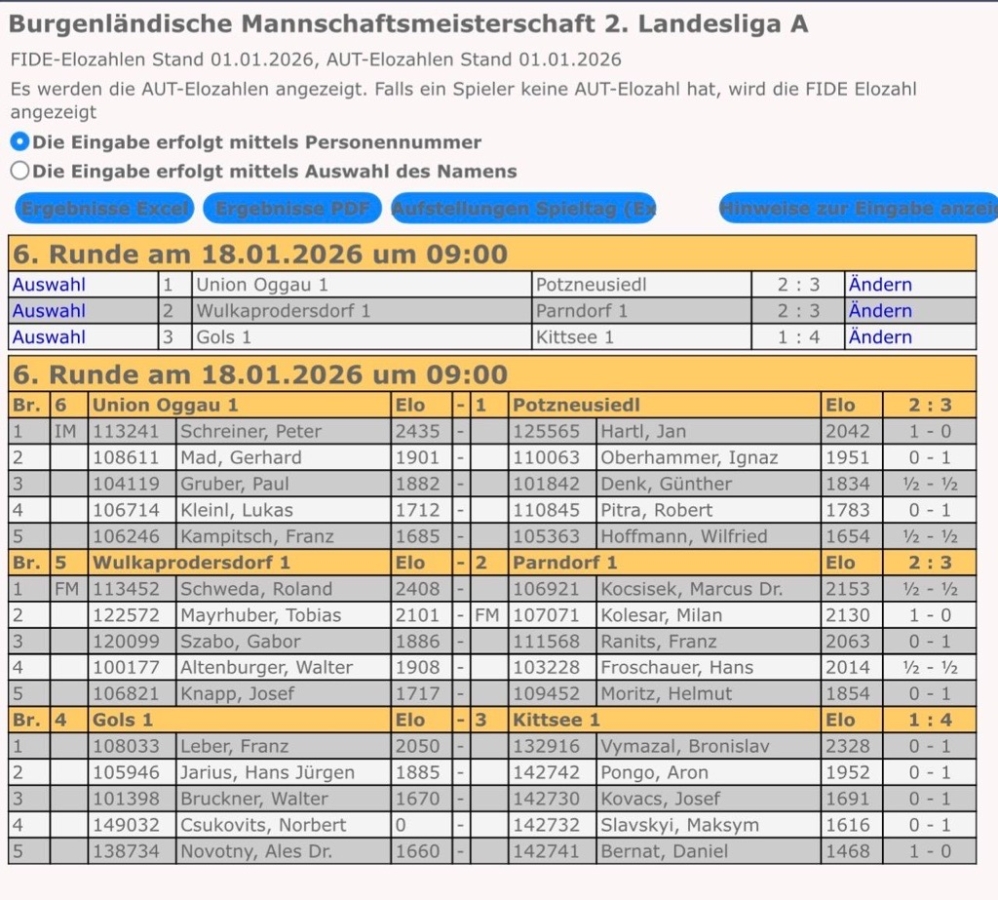 Screenshot einer Schachturnier-Tabelle mit Mannschaften, Spielern, Elo-Ratings und geplanten Partien für die 2. burgenländische Liga A, Runden 6 und 7, am 18. Januar 2026. Farbcodierte Auswahlfelder für Aufstellungsoptionen.