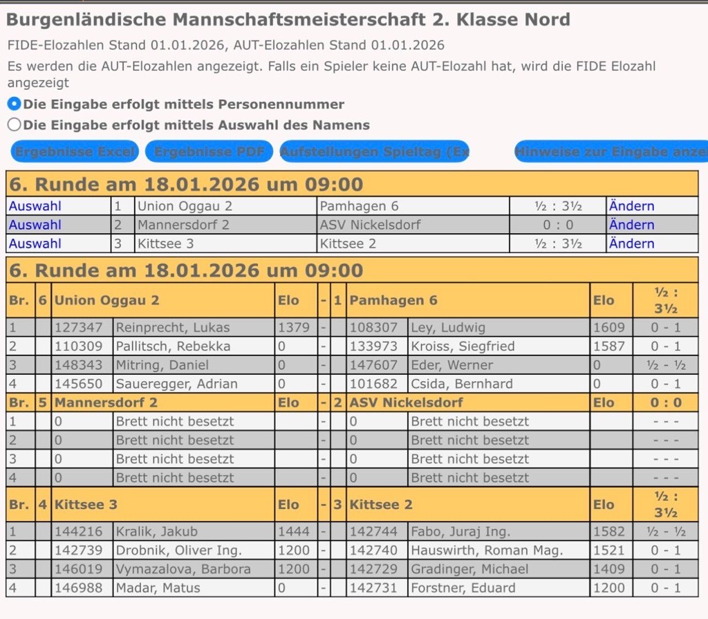 Screenshot einer Schachligatabelle mit Mannschaften, Daten, Uhrzeiten, Elozahlen, Spielpaarungen und Ergebnis-/Status-Spalten für die Burgenländische Mannschaftsmeisterschaft 2. Klasse Nord, mit hervorgehobenen Spielplänen für den 18. Januar 2026.