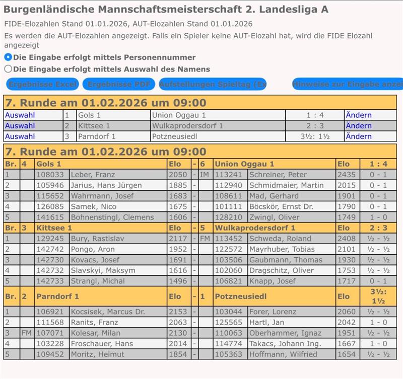 Screenshot einer Schachturnier-Tabelle für die Burgenländische Mannschaftsmeisterschaft, 2. Landesliga A, mit detaillierten Spielpaarungen, Spielern und Ergebnissen der Runden 7 und 8 am 01.02.2026.