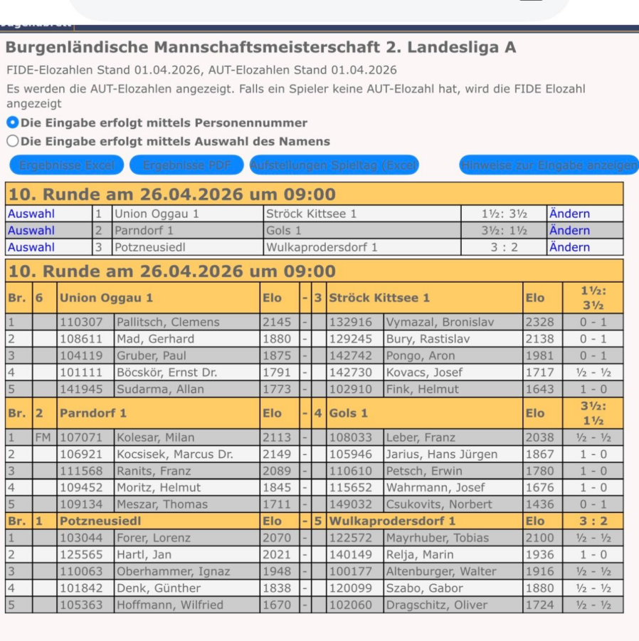 Screenshot einer Schachligatabelle mit Mannschaftskämpfen, Ergebnissen und individuellen Spielergebnissen für die 2. Landesliga A in Österreich, datiert vom 1. April 2026. Die Tabelle enthält Mannschaftsnamen, Spielernamen, Elo-Werte und Spielergebnisse.