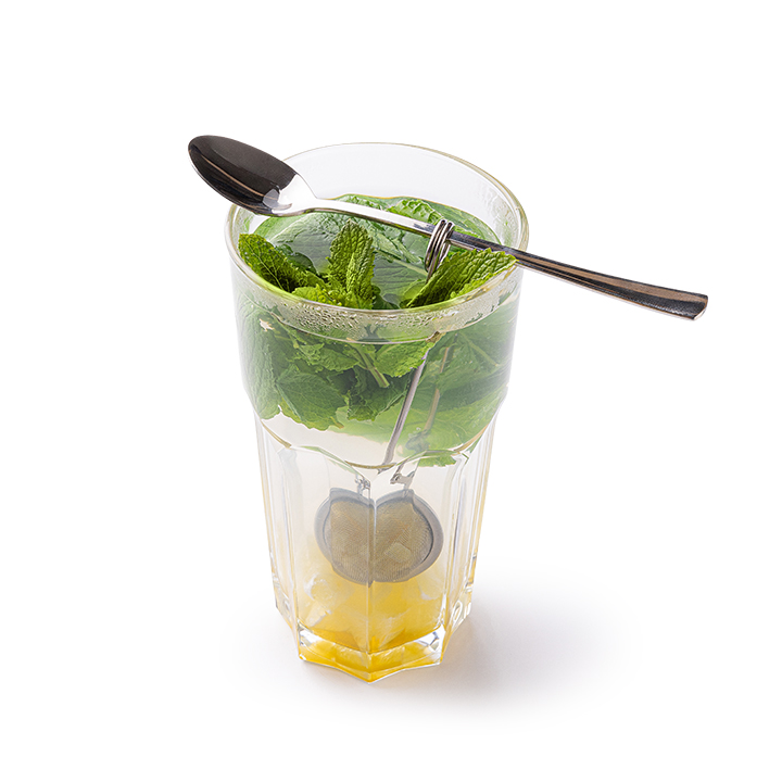 Ein Glas Pfefferminztee mit frischen Pfefferminzblättern, einem Teesieb am Boden, Zitronenscheiben und einem Metalllöffel, der über den Rand gestülpt ist, alles vor einem weißen Hintergrund.