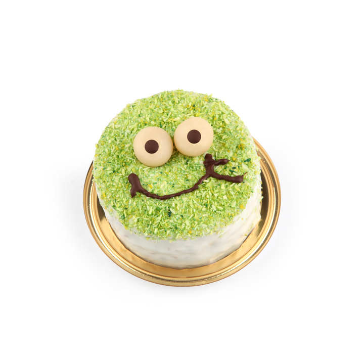 Ein runder Kuchen, der wie ein Froschgesicht aussieht, mit grünen Kokosraspeln als Fell, zwei Keksaugen mit Schokoladenpupillen und einem Schokoladenlächeln auf einem goldenen Tablett.