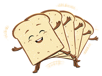 Illustration von fünf Cartoon-Brotscheiben mit lächelnden Gesichtern und Armen und Beinen, die fächerförmig gestapelt sind und fröhlich miteinander zu tanzen scheinen.