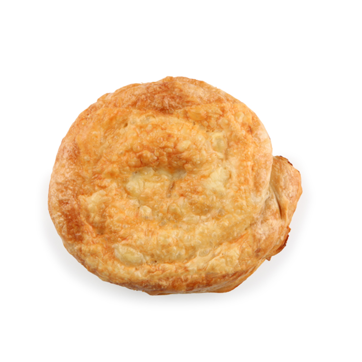 Eine goldbraune Fleischpastete mit Blätterteigkruste, von oben betrachtet, vor einem weißen Hintergrund.