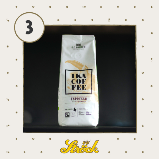 A white bag of Ika Coffee Espresso stands upright against a black background. The number 3 appears in a circle at the top left, and the Stöck logo is at the bottom center on a cream backdrop with small icons.