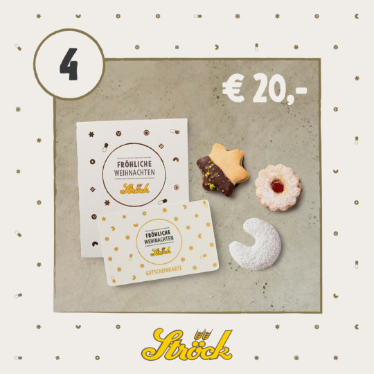 A gift card and envelope with gold polka dots and Fröhliche Weihnachten text, displayed on a beige background with three festive cookies. Price shown as €20. Streck logo at the bottom.