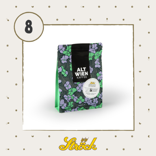 A bag of Alt Wien Kaffee with a floral purple and green design is centered on a beige background. The number 8 is in a circle at the top left, and the Ströck logo is at the bottom. Small icons are scattered throughout.