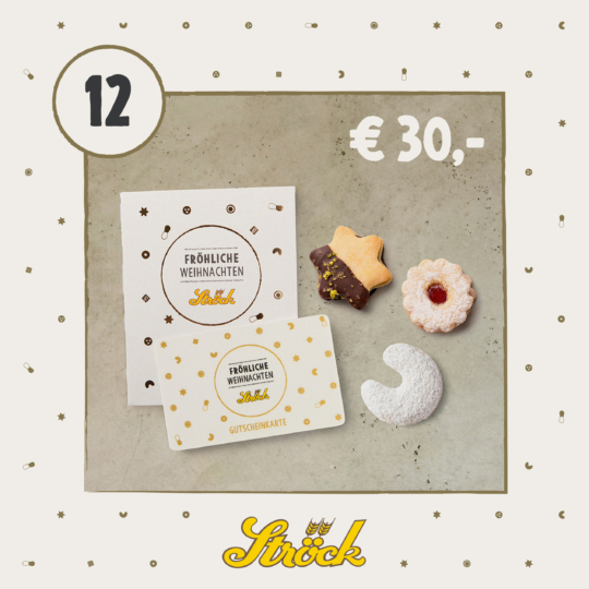 A €30 gift card with Fröhliche Weihnachten text, its envelope, and three assorted Christmas cookies are displayed on a tiled surface. The number 12 is in a circle on the left, with the Ströck logo at the bottom. Confetti decorates the background.