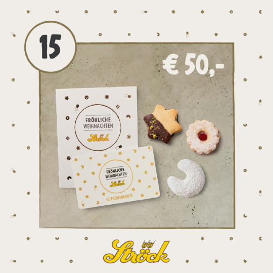 A gift card and envelope with Fröhliche Weihnachten Ströck design lie on a table, surrounded by three assorted Christmas cookies. Text reads 15, € 50,-, and Ströck with festive confetti decorations.