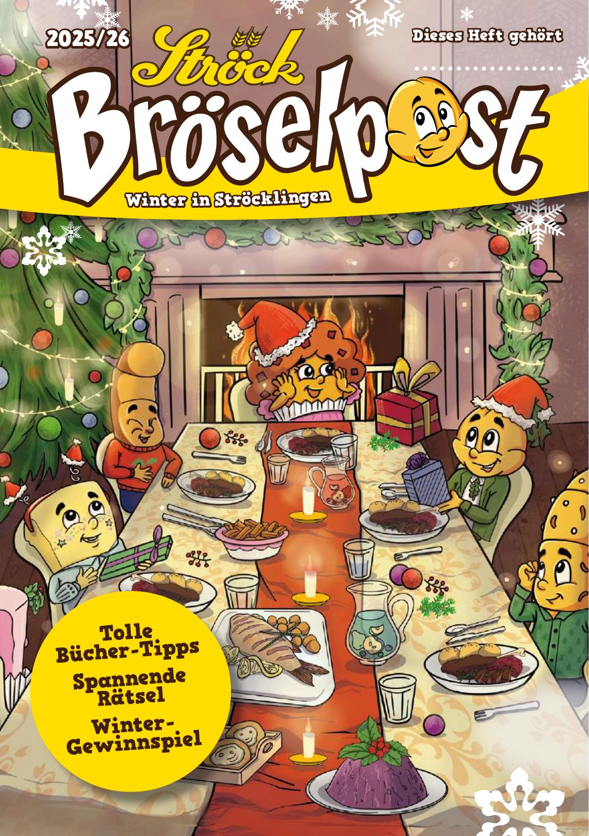Four animated bread and pastry characters enjoy a festive holiday dinner at a decorated table with candles, gifts, and a Christmas tree in the background. The setting is cozy and cheerful, with snowflakes and holiday decor.