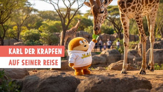 Eine niedliche Plüschfigur namens Karl der Krapfen in einem weißen Kapuzenpulli steht in einem Zoo und reicht einer Giraffe einen grünen Zweig. Der Text auf Deutsch lautet: Karl der Krapfen auf seiner Reise. Im Hintergrund sind Menschen und Giraffen zu sehen.
