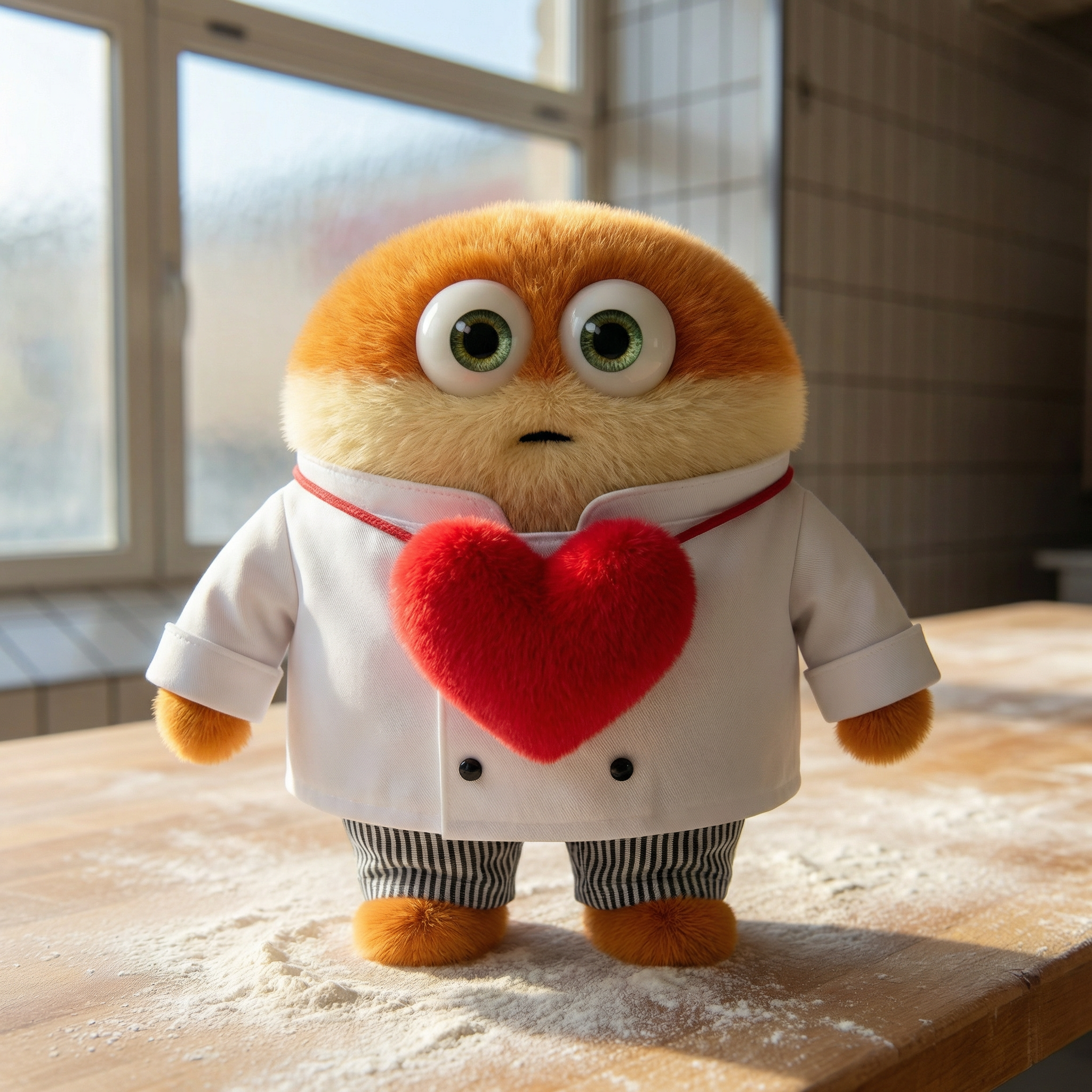 Eine niedliche, runde, flauschige Figur mit orangefarbenem und weißem Fell, großen grünen Augen und einem Koch-Outfit steht auf einer bemehlten Küchenzeile. Ein großes rotes Herz ziert die Jacke des Kochs. Das Sonnenlicht fällt durch das Fenster dahinter.