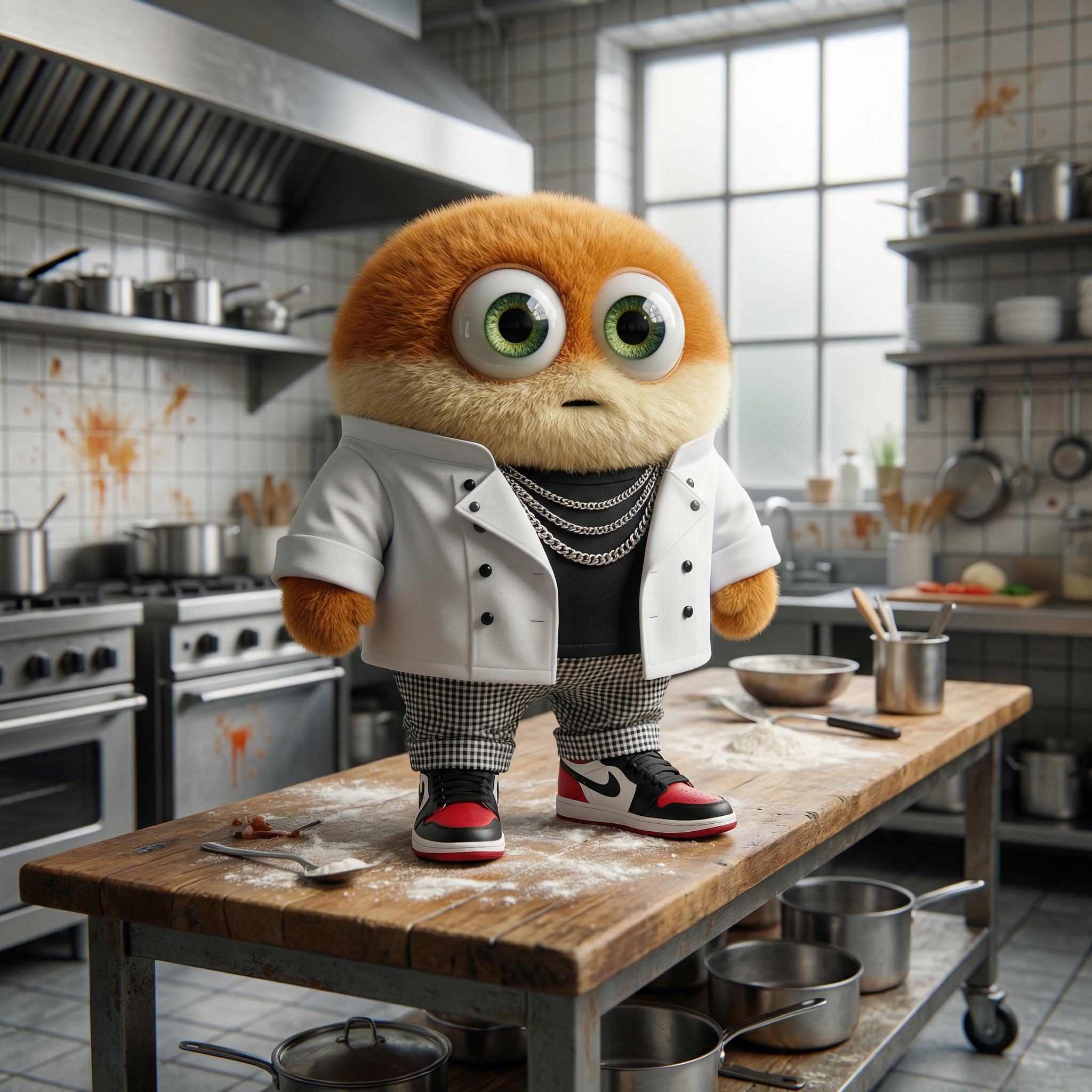 Ein rundes, orangefarbenes Cartoon-Wesen mit großen grünen Augen steht auf einem Küchentisch, bekleidet mit einem weißen Kochmantel, einer karierten Hose, mehreren Ketten und Turnschuhen. Die Küche ist unordentlich, überall liegen Spritzer und Utensilien herum.