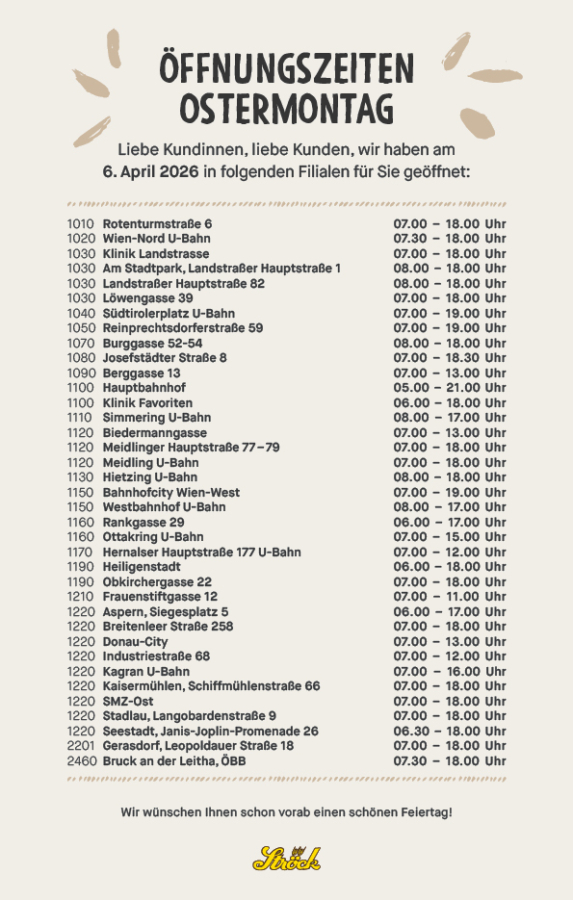 Liste der Adressen von Bäckereifilialen mit Öffnungszeiten für Ostermontag, 6. April 2026, in Österreich. Oben steht in fetter Schrift "Öffnungszeiten Ostermontag", unten ein gelbes Logo.