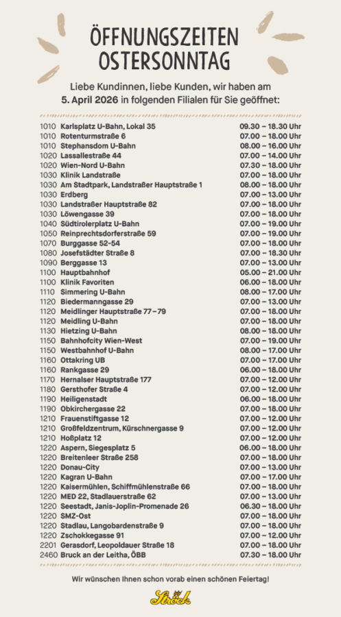 Eine Liste der Filialen mit ihren Adressen und Öffnungszeiten für Ostersonntag, 5. April 2026. Die Geschäfte befinden sich in Wien, Österreich, und die Öffnungszeiten variieren je nach Standort. Es gibt eine festliche Überschrift und einen Feiertagsgruß am unteren Rand.