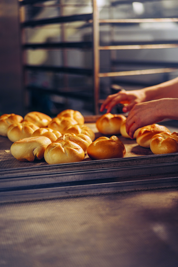 Die Hände einer Person ordnen frisch gebackene goldene Brötchen auf einem Tablett in einer Bäckerei an, wobei im Hintergrund ein leeres Kühlgestell zu sehen ist.