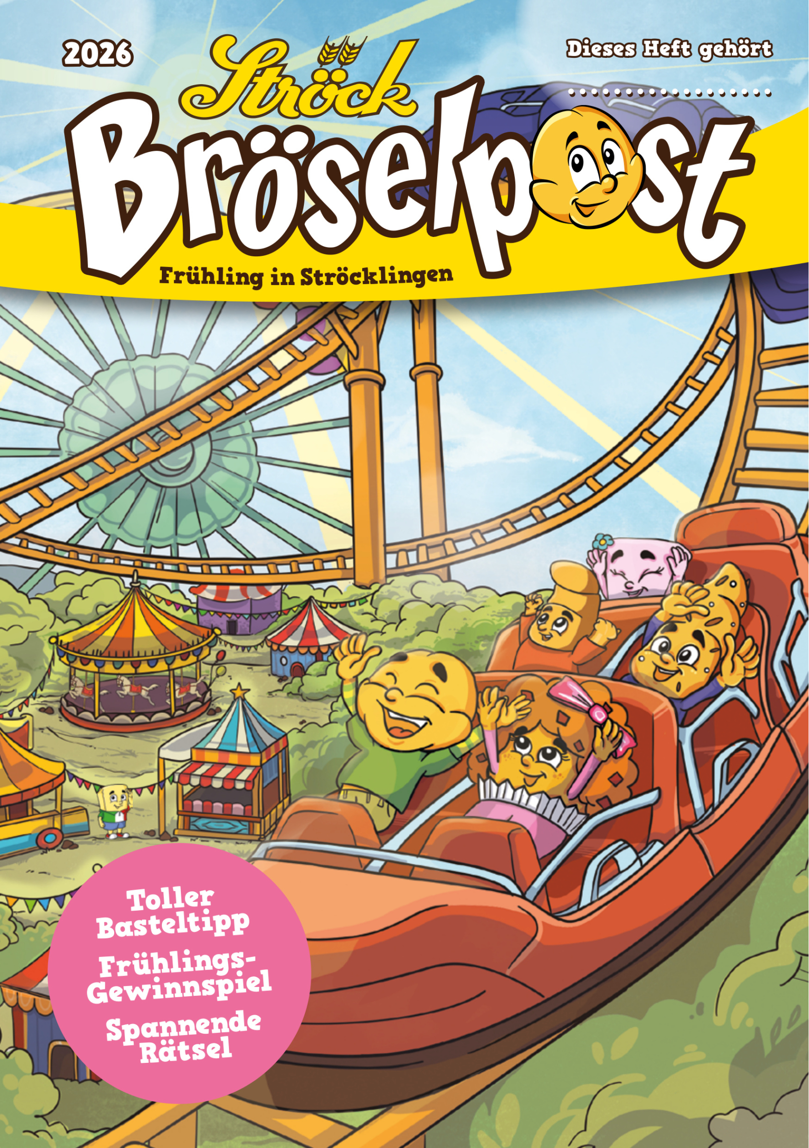Illustriertes Titelbild eines Magazins, das Cartoon-Tiere auf einer Achterbahn in einem bunten Vergnügungspark zeigt, mit einem Riesenrad und Zelten im Hintergrund. Der Titel lautet "Bröselpost" und zeigt lustige Frühlingsaktivitäten.