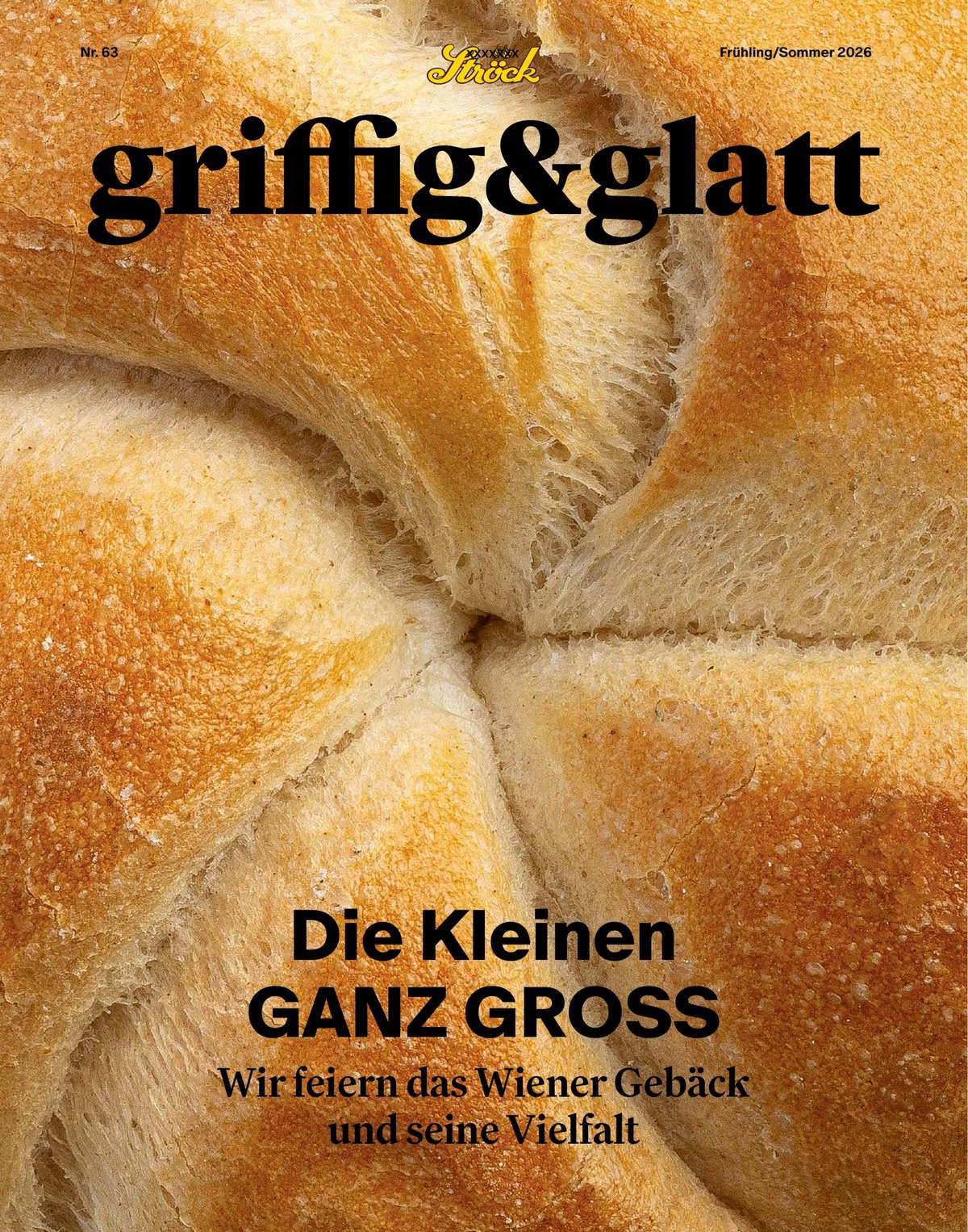 Nahaufnahme von goldenen, knusprigen Brötchen mit dem Magazintitel griffig & glatt oben und deutschem Text über das Feiern der Wiener Mehlspeisen und ihrer Vielfalt unten.
