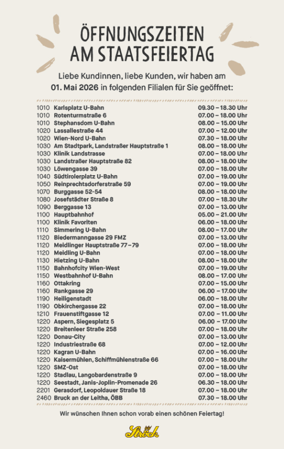 Eine Liste der Öffnungszeiten verschiedener Bäckereifilialen am 1. Mai mit dem Titel Öffnungszeiten am Staatsfeiertag, mit Filialnamen, Zeiten und einem festlichen Design mit Weizengrafiken oben und unten.