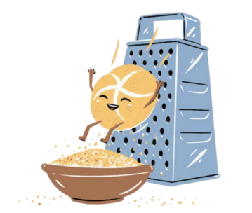 Eine illustrierte glückliche Muskatnuss mit einem Gesicht wird von einer Kastenreibe gerieben, wobei die geriebene Muskatnuss in eine braune Schale darunter fällt.