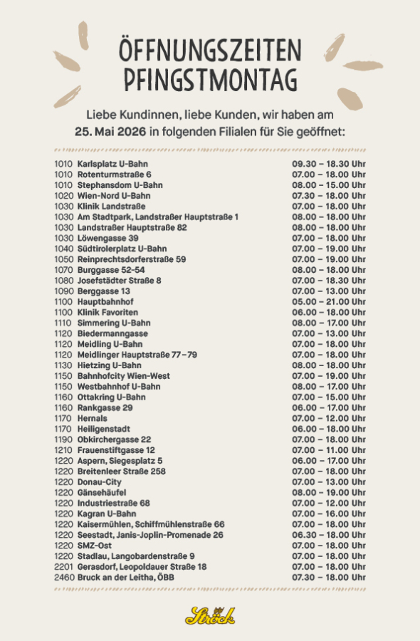Eine Liste der Ladenöffnungszeiten für den Pfingstmontag, 25. Mai 2026, für mehrere Orte, mit Zeiten zwischen 7:00 und 20:00 Uhr. Die Überschrift und eine freundliche Nachricht stehen ganz oben.