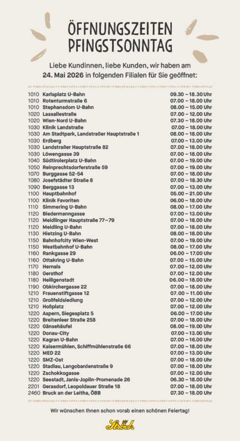 Ein deutschsprachiges Plakat mit den Öffnungszeiten der verschiedenen Schell-Filialen am Pfingstsonntag, 24. Mai 2026. Die Liste enthält Namen, Adressen und Öffnungszeiten der Filialen und ist am oberen Rand festlich geschmückt.
