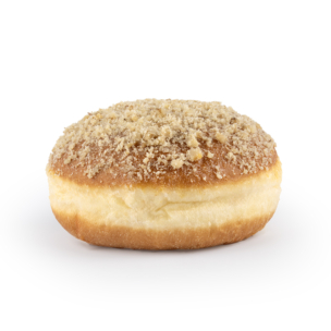 Ein runder, goldbrauner Donut mit einer dicken Zuckerglasur und Streuseln, abgebildet auf weißem Hintergrund.