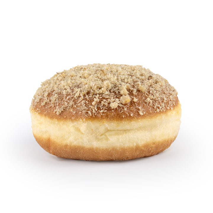 Ein runder, goldbrauner Donut mit einer dicken Zuckerglasur und Streuseln, abgebildet auf weißem Hintergrund.