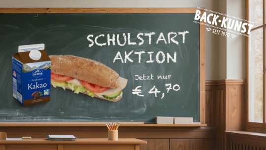 Auf einer Kreidetafel sind ein Sandwich und eine Packung Kakao abgebildet, die für ein Schulstart-Sonderangebot der Bäckerei werben: Schulstart-Aktion. Jetzt nur 4,70 €. Davor steht ein Holzschreibtisch, und in der rechten oberen Ecke ist das „Back Kunst“-Logo zu sehen.