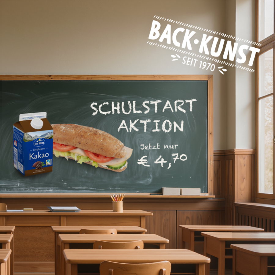 Ein Klassenzimmer mit einer Tafel, auf der ein Sandwich und Schokoladenmilch abgebildet sind, um für ein Schulanfangs-Sonderangebot der Bäckerei für 4,70 € zu werben. Oben rechts ist das BACK.KUNST-Logo zu sehen.