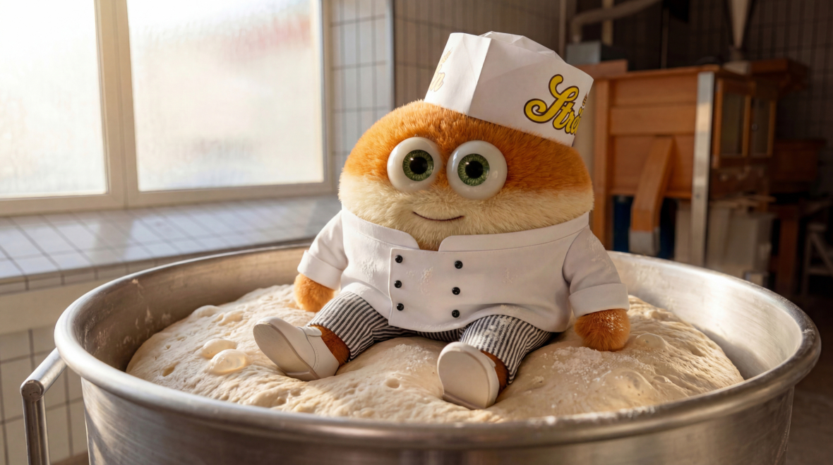 Ein Plüsch-Maskottchen in Kochuniform und Kochmütze, das in einer großen Schüssel mit Brotteig sitzt.
